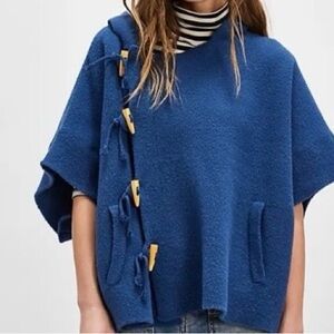Free People Blue Poncho with Toggle Accents